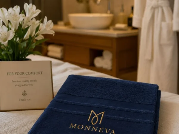Navy terry towel embroidered with a gold MONNEVA logo and finished with tassel trim, styled on a hotel bed