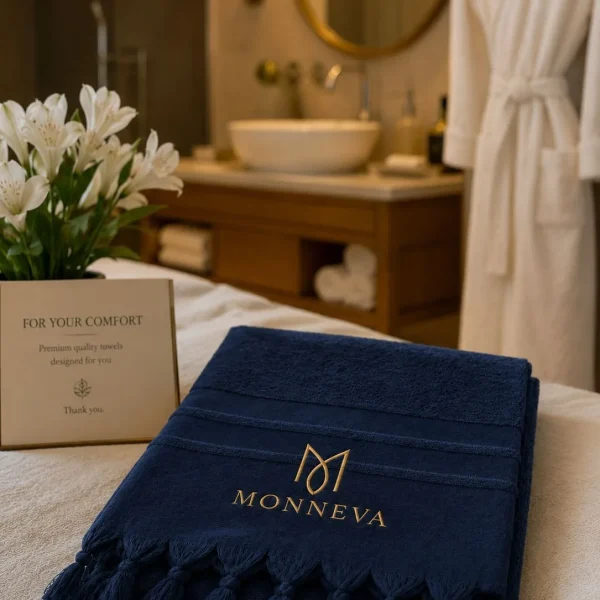 Navy terry towel embroidered with a gold MONNEVA logo and finished with tassel trim, styled on a hotel bed