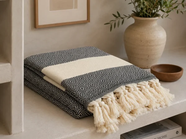 Folded black and white diamond-patterned hammam towel with cream hand-knotted tassels on a plaster console