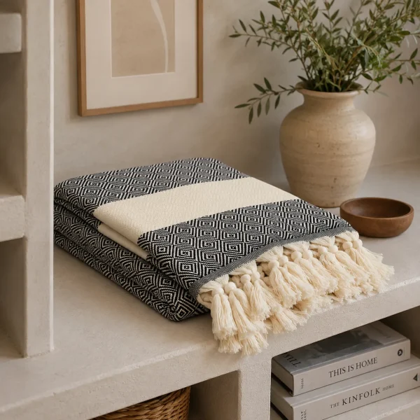 Folded black and white diamond-patterned hammam towel with cream hand-knotted tassels on a plaster console