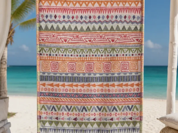Multicolour patterned hammam beach towel with fringed ends hanging in a beach cabana above white sand