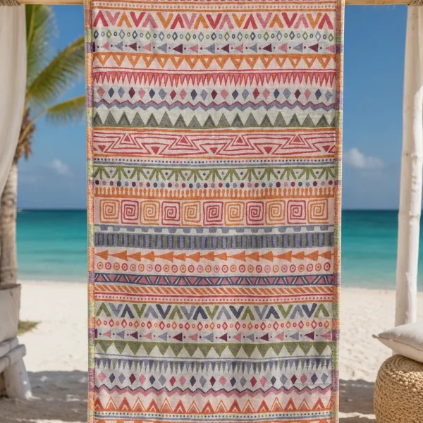 Multicolour patterned hammam beach towel with fringed ends hanging in a beach cabana above white sand