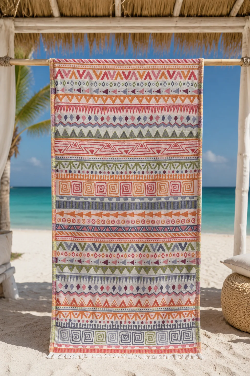 Hammam Beach Towel — multicolour flat weave Multicolour patterned hammam beach towel with fringed ends hanging in a beach cabana above white sand