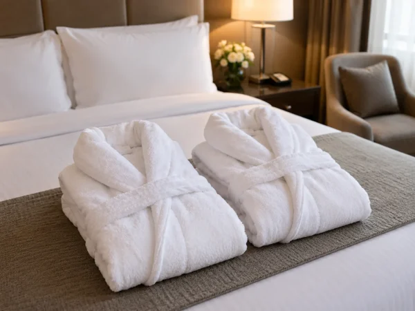 Two folded white terry bathrobes on a hotel bed runner in a guest room with lamp and armchair — MONNEVA