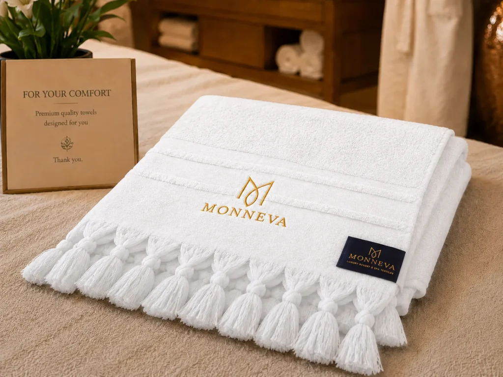 White hotel towel with a gold embroidered logo, woven brand label and hand-knotted tassels
