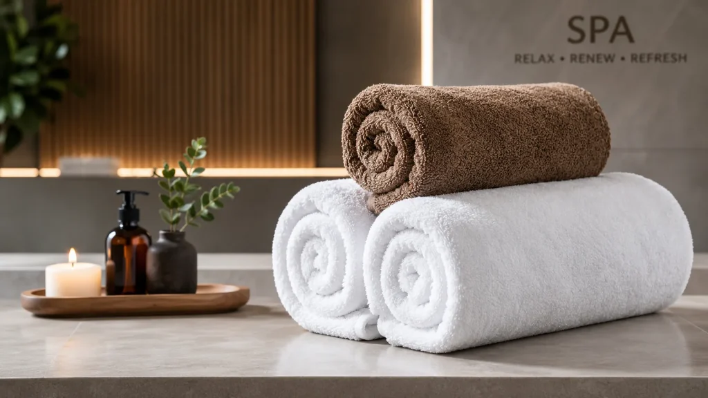 Rolled white and brown terry towels on a spa counter, woven for repeated commercial laundering