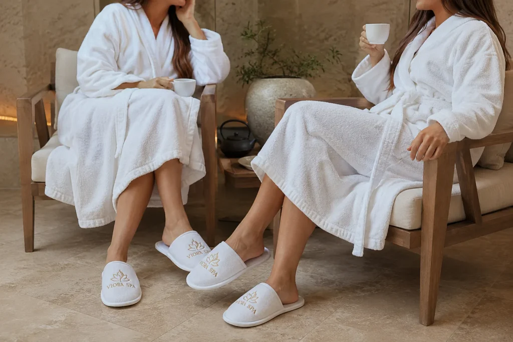 Two spa guests in white bathrobes and logo-embroidered slippers in a wellness lounge