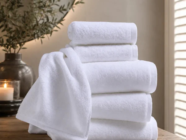 Stack of white terry hotel towels in bath sheet, bath, hand and face sizes on a wooden console with olive branch — MONNEVA