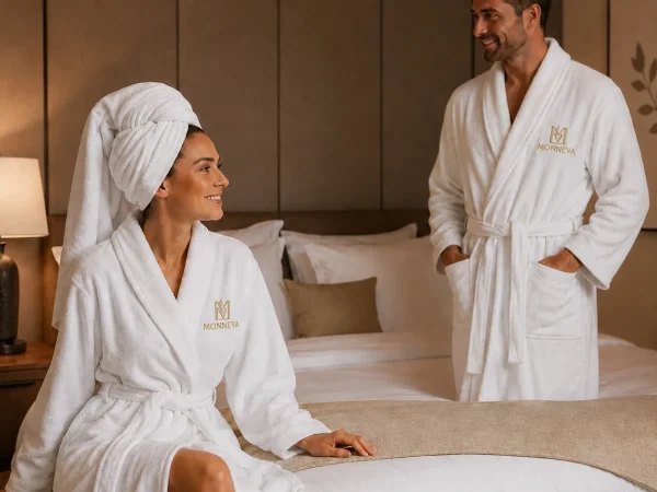 Two hotel guests wearing white terry bathrobes embroidered with a gold MONNEVA logo in a suite