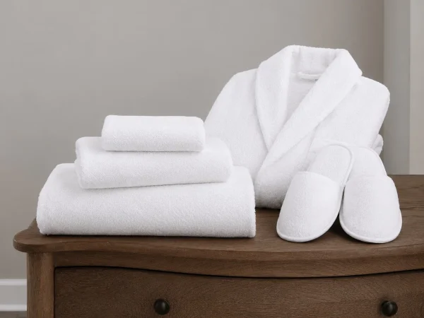Folded white hotel bath towels with a terry bathrobe and slippers arranged on a wooden dresser