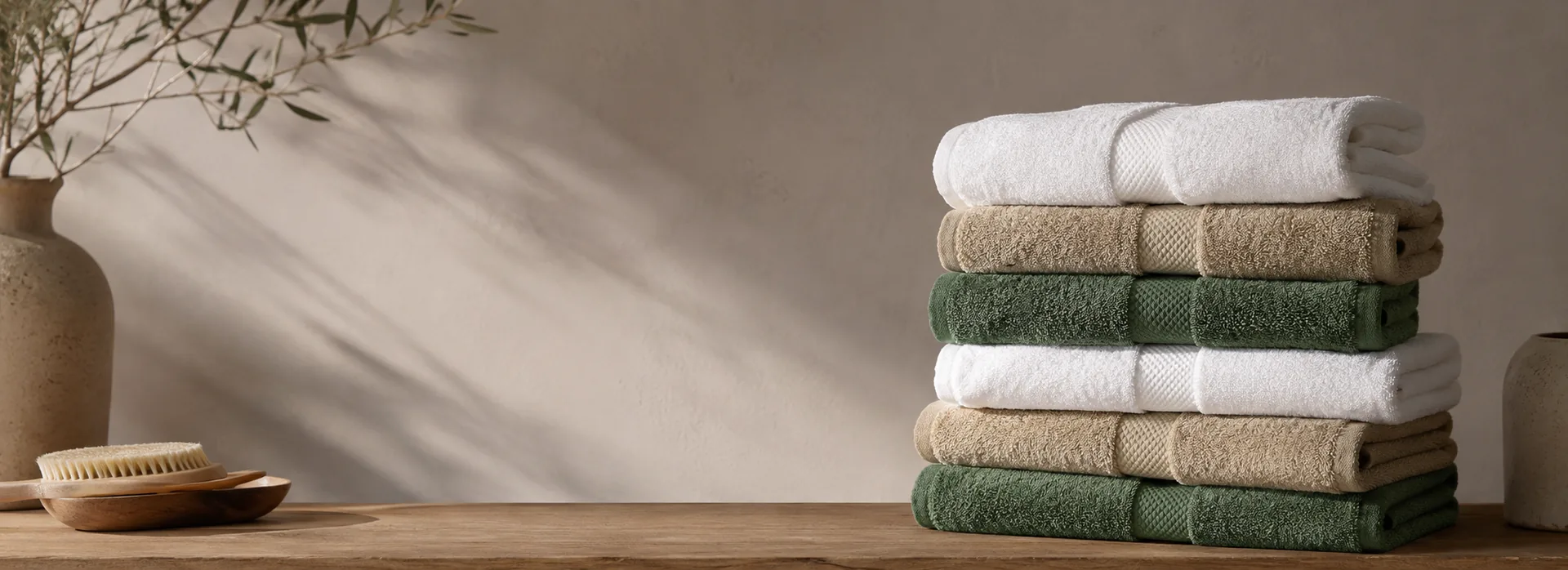 Stacked premium bath towels in white, sand and forest green on a wooden counter beside an olive branch — MONNEVA Turkish cotton