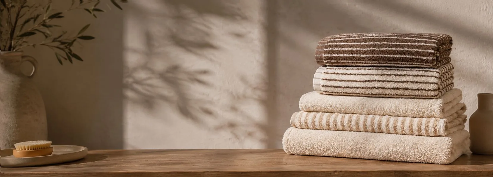 Stack of yarn-dyed striped bath towels in cocoa and cream on a wooden surface — traditional Denizli weave