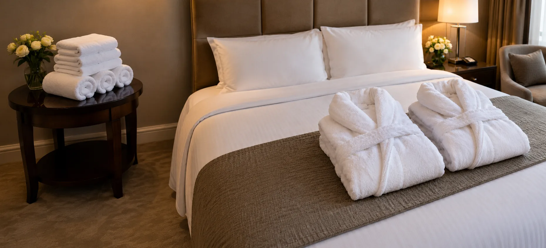 Hotel guest room with folded white bathrobes on the bed and a stack of rolled towels on a side table