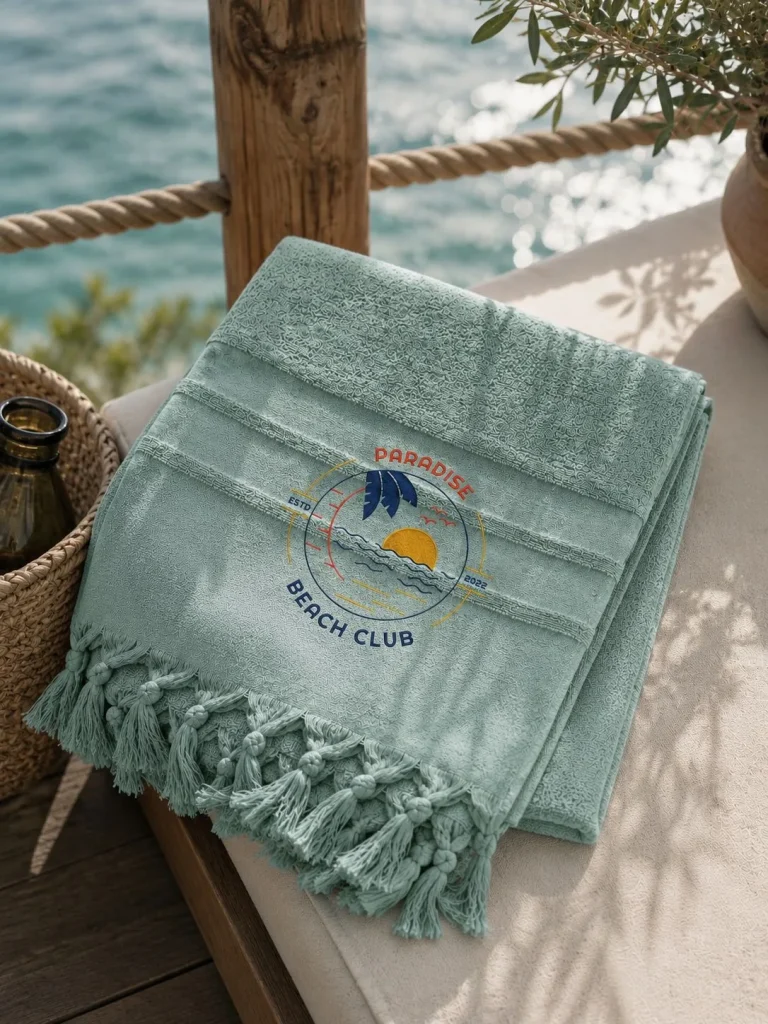 Mint green beach towel embroidered with the Paradise Beach Club logo, tassel-trimmed, folded by the sea