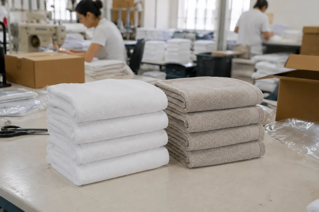 Folded white and taupe hotel towels stacked at the MONNEVA atelier during production