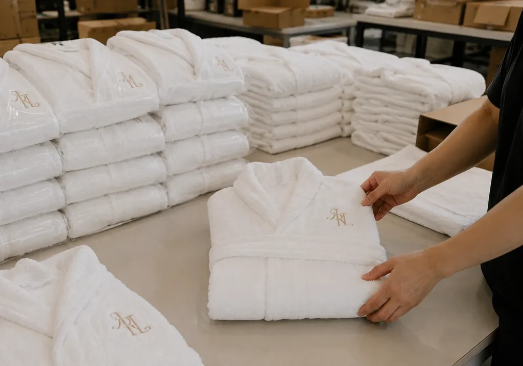 White terry shawl-collar bathrobes with a gold embroidered monogram, folded and packed at the atelier