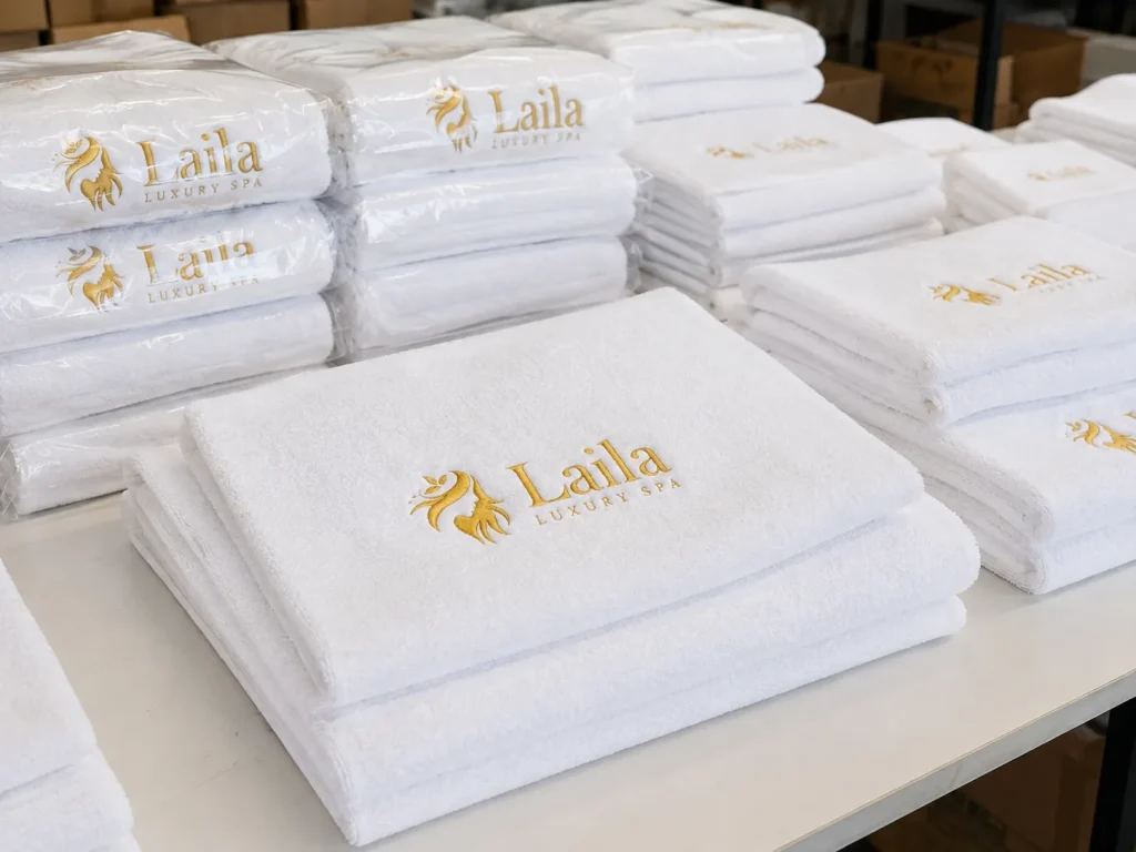 White spa towels embroidered with the Laila Luxury Spa logo in gold, stacked and packed for delivery