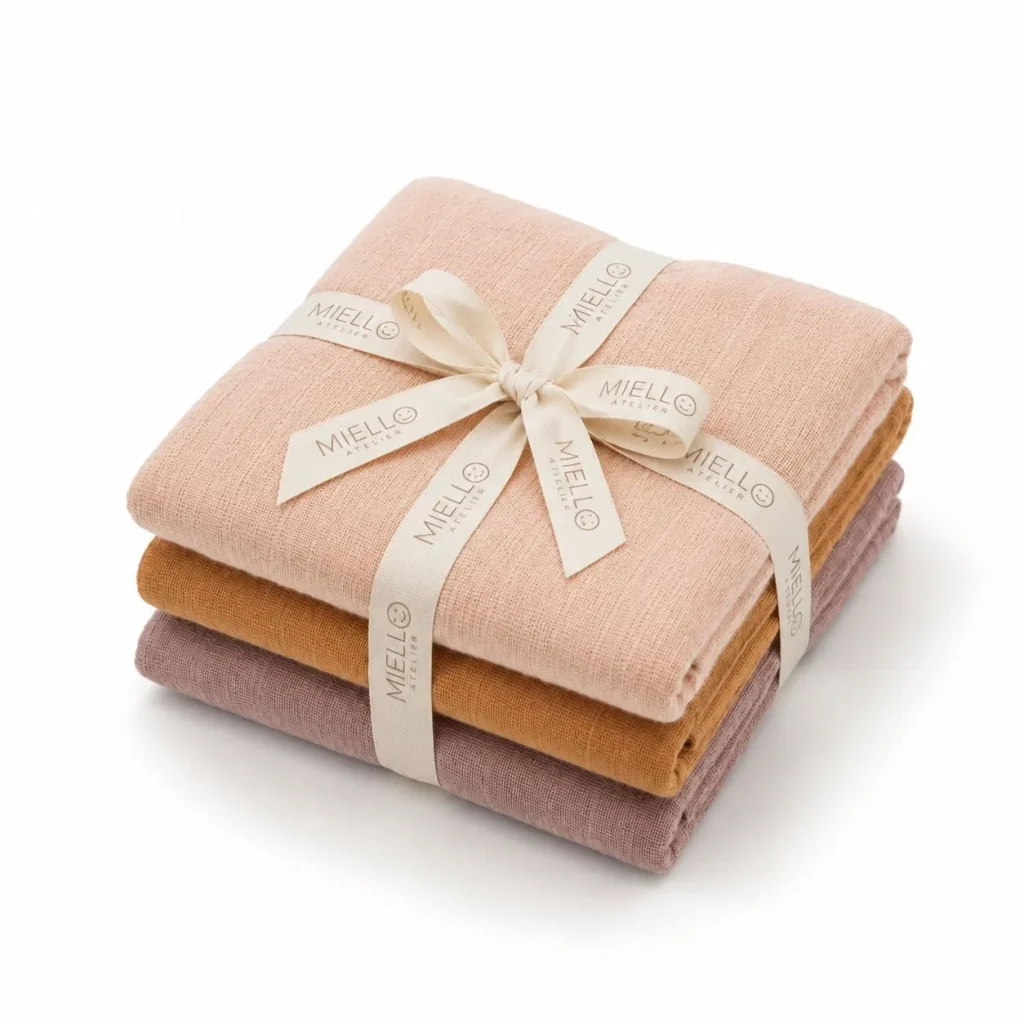Folded muslin cloths in blush, ochre and mauve tied with a printed Miello Atelier ribbon