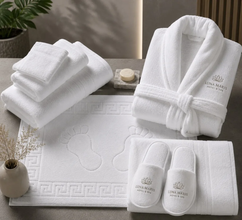 Complete hotel spa set with folded towels, embossed bath mat, bathrobe and slippers embroidered with a hotel logo