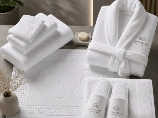 Complete hotel spa set with folded towels, embossed bath mat, bathrobe and slippers embroidered with a hotel logo