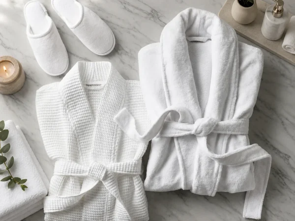 Waffle and terry spa bathrobes laid flat on marble with matching slippers, folded towels and eucalyptus — MONNEVA