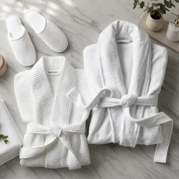 Waffle and terry spa bathrobes laid flat on marble with matching slippers, folded towels and eucalyptus — MONNEVA