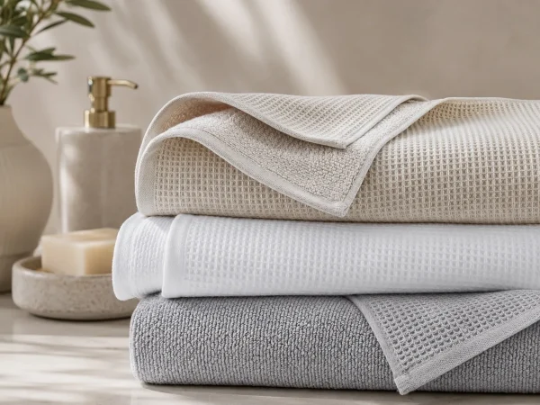 Stacked waffle weave towels in sand, white and grey showing the honeycomb texture on a marble counter