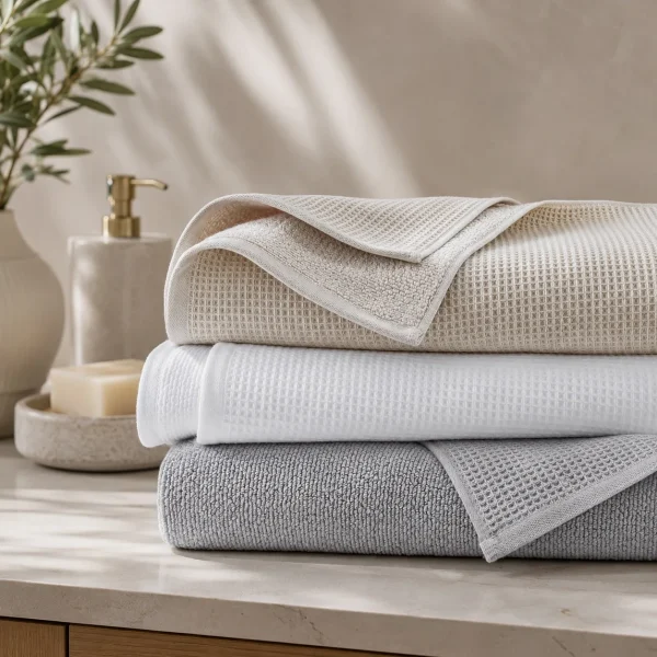 Stacked waffle weave towels in sand, white and grey showing the honeycomb texture on a marble counter