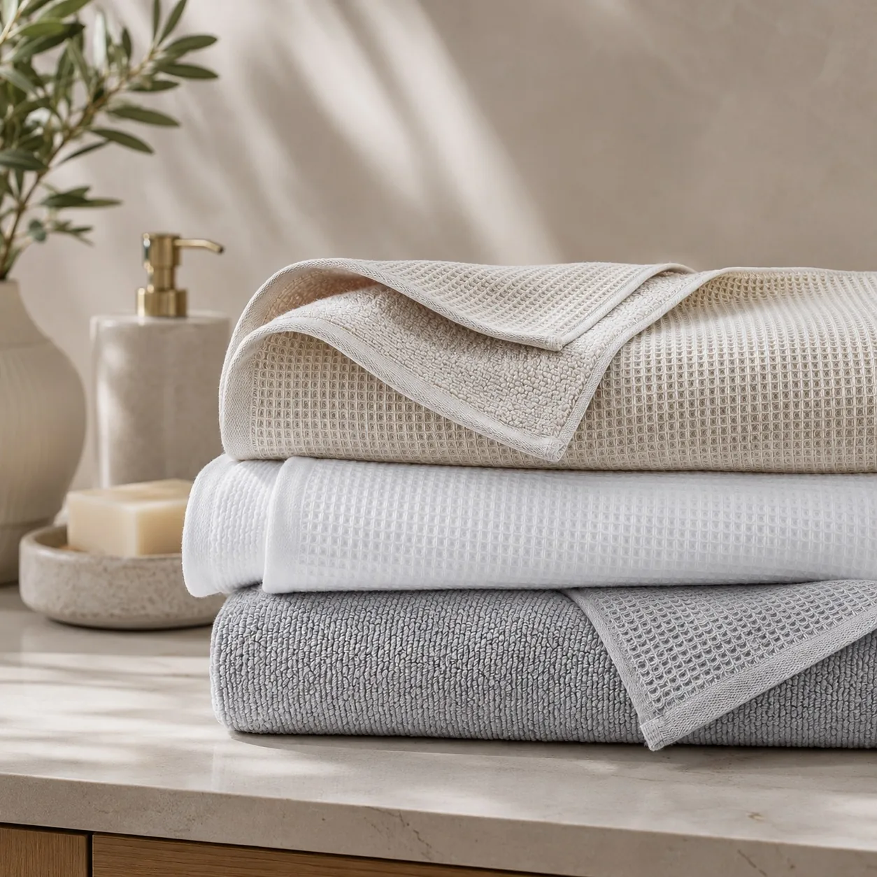 Waffle Towels — honeycomb weave Stacked waffle weave towels in sand, white and grey showing the honeycomb texture on a marble counter